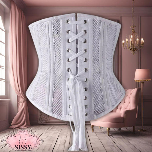 Corset underbust sissy en maille, vue de face lacée
