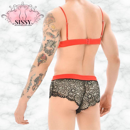 Men's Bra Sexy Underwear Set Men Safety Belt Body Lace Sheer Panties Sissy Clothing Gay Exposure Bikini Lingerie