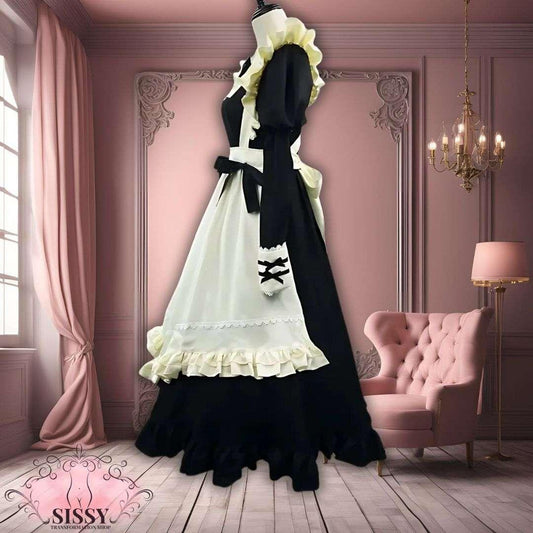Robe Sissy Maid Lolita noire avec tablier blanc et volants dans un décor élégant