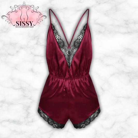 Mens Lingerie Pajamas Sleepwear Lace Trimmed Erotic Sissy Crossdressing Costume Jumpsuit Romper Satin V-neck Gay Male Nightwear