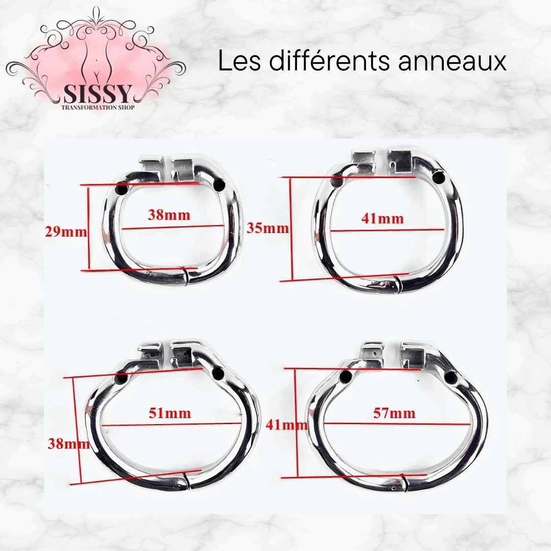 Cage de chasteté en acier inoxydable avec différents anneaux mesurant entre 38 et 57 mm