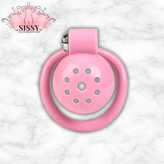 Cage de chasteté Small rose en acier avec anneau circulaire proposée par Sissy Transformation Shop