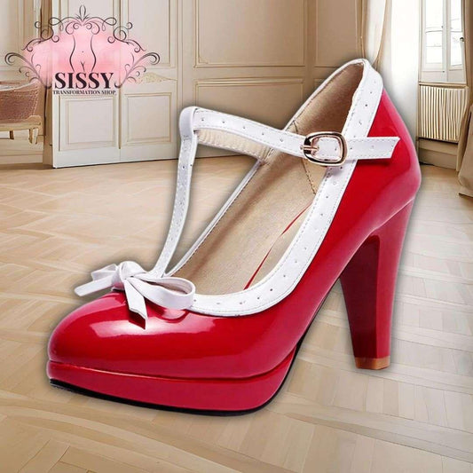 Chaussures à talon maid rouges et blanches avec bride et noeud décoratif pour un style élégant