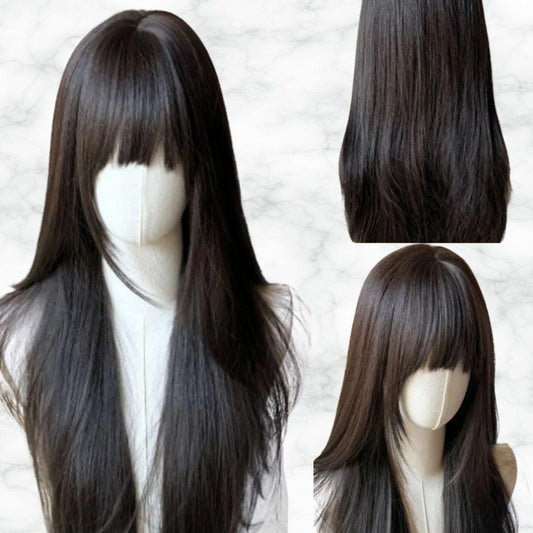 Perruque Sissy Noire Style Lolita avec des mèches longues et une frange élégante