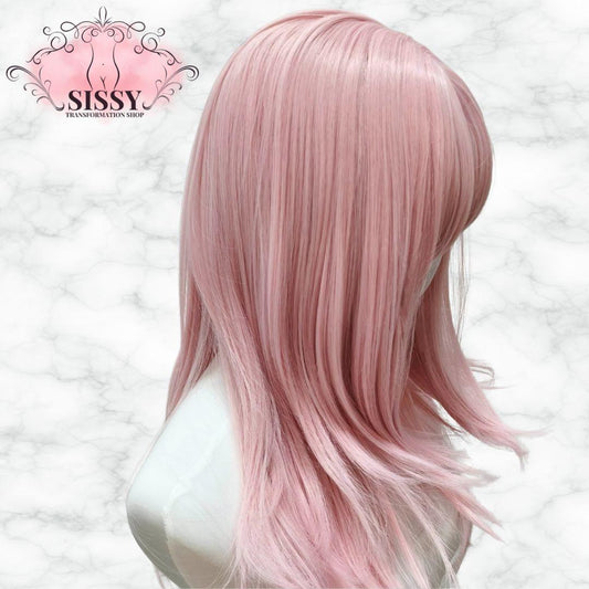 Perruque Sissy rose pastel avec frange rideau, longue et fluide pour un look élégant