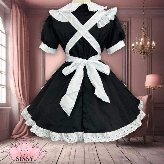 Robe sissy maid noire et blanche avec volants et tablier croisé vue de dos