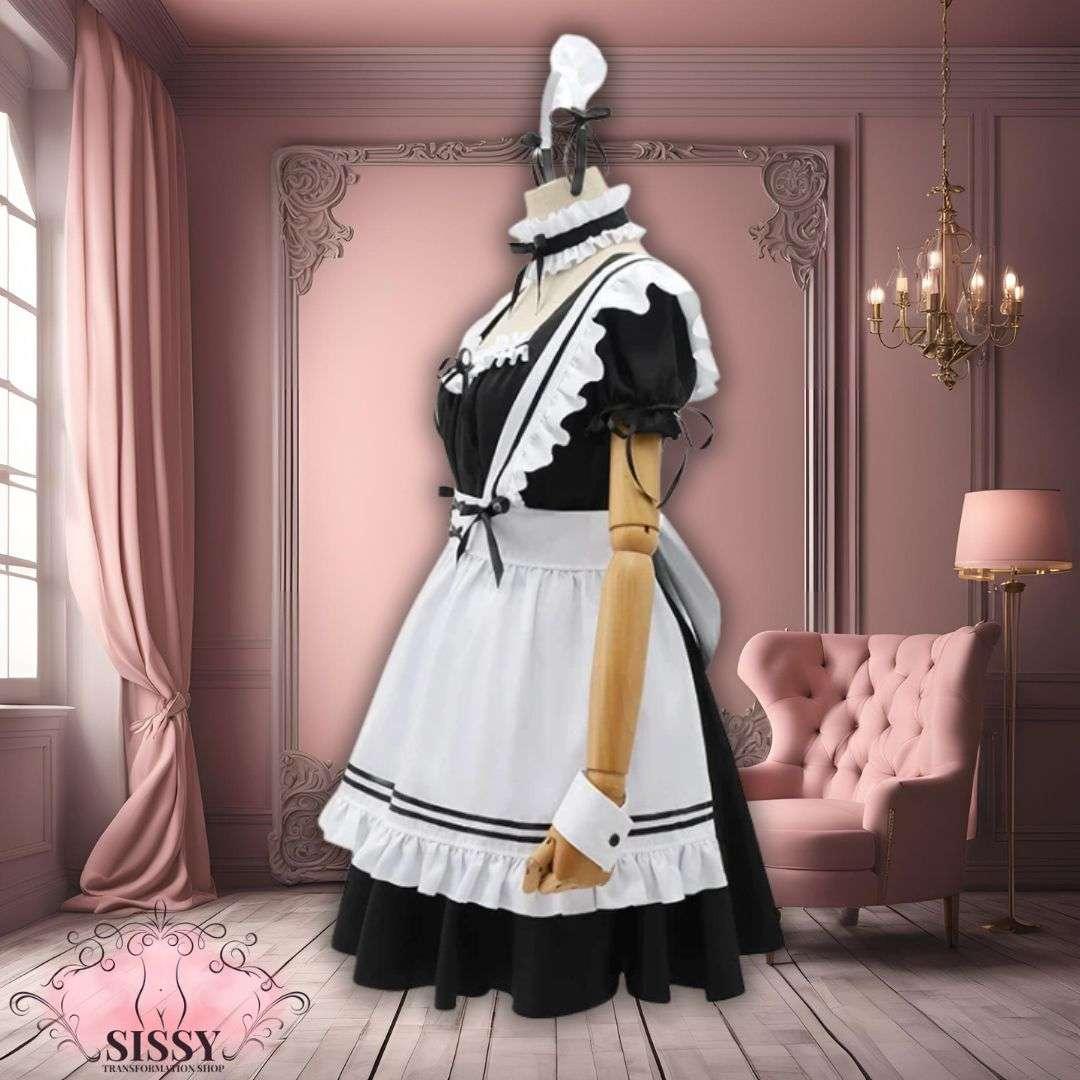 Robe Sissy Maid noire et blanche élégante avec tablier et col volanté sur mannequin en décor vintage