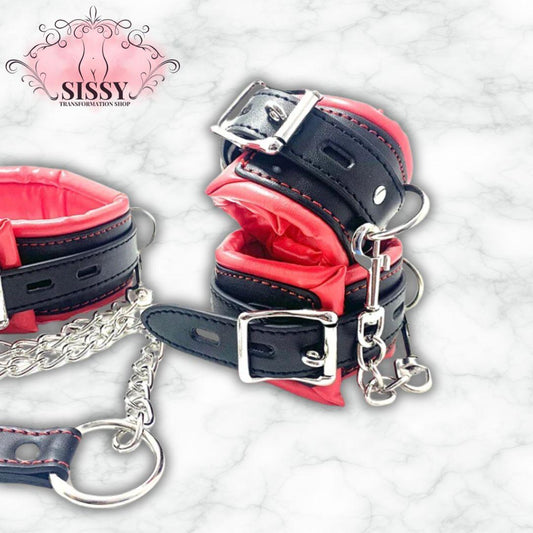 Set de contrainte BDSM en cuir noir et rouge avec chaînes et boucles métalliques pour accessoires