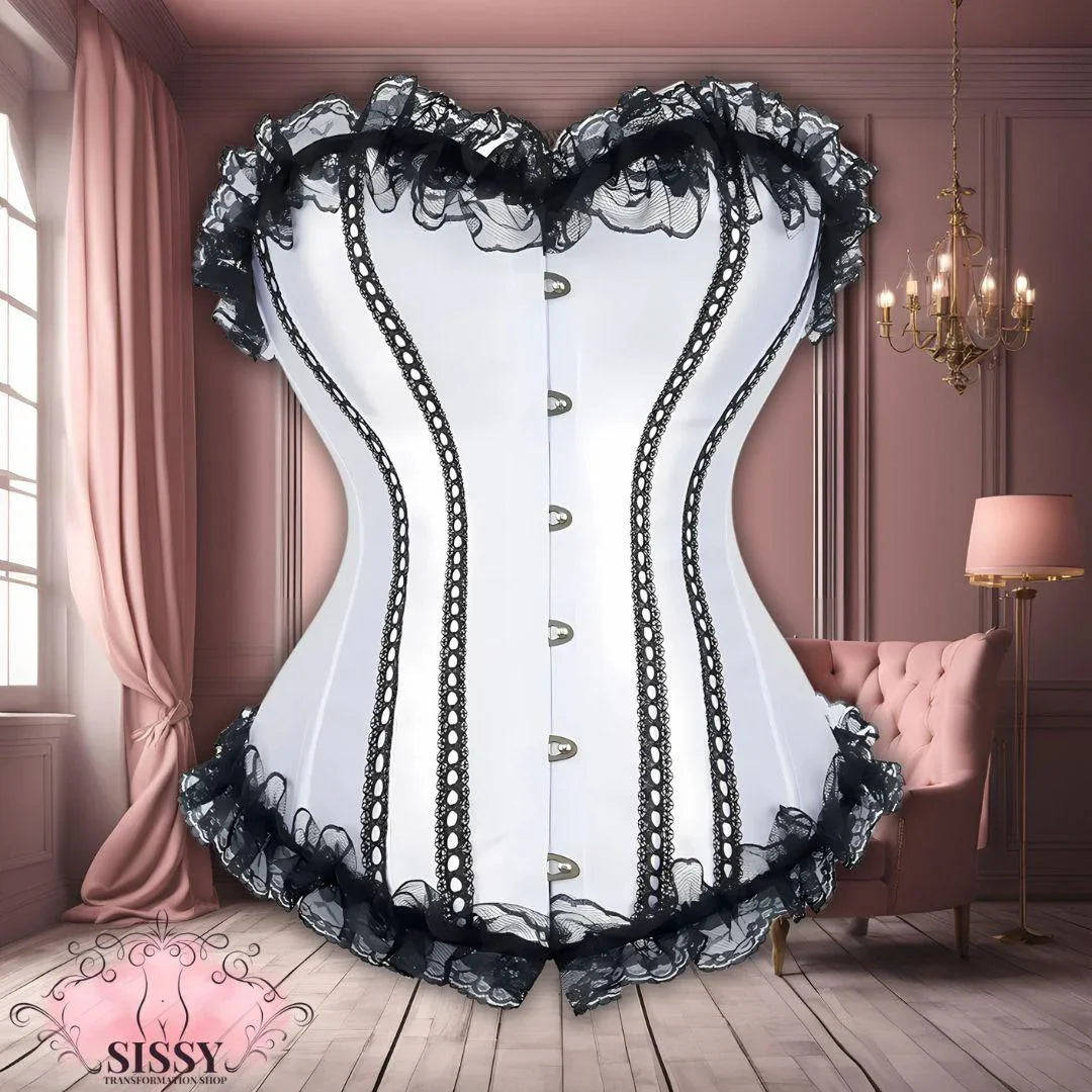 Corset sissy grandes tailles blanc avec dentelle noire élégante pour une silhouette sculptée et glamour