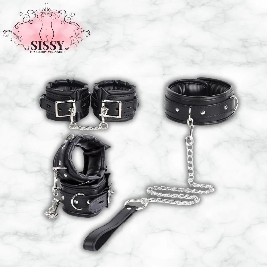 Ensemble harnais et menottes BDSM en cuir noir avec chaînes et boucle métal pour bondage