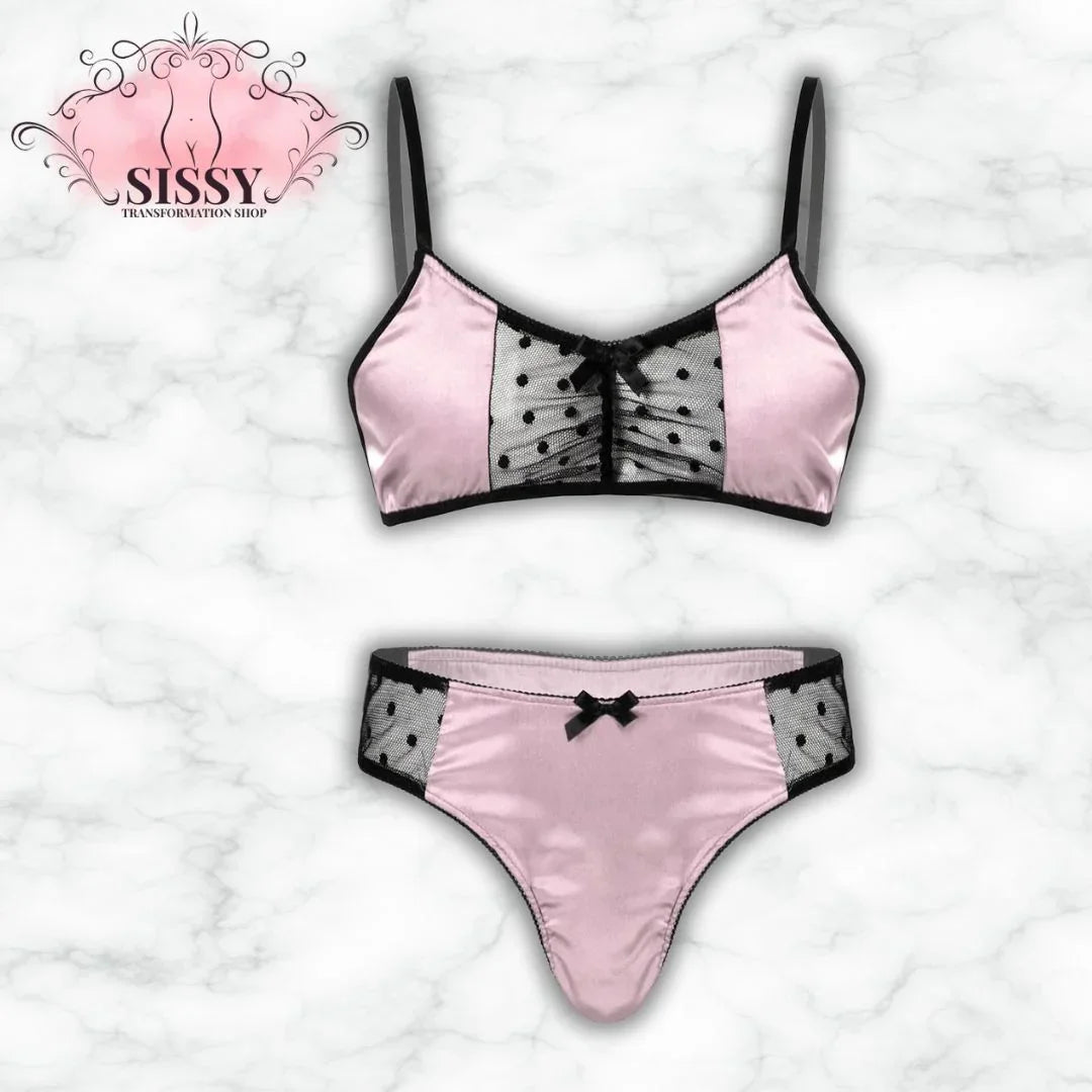 Ensemble lingerie sissy grandes tailles en satin rose et dentelle noire à pois, élégant et sensuel