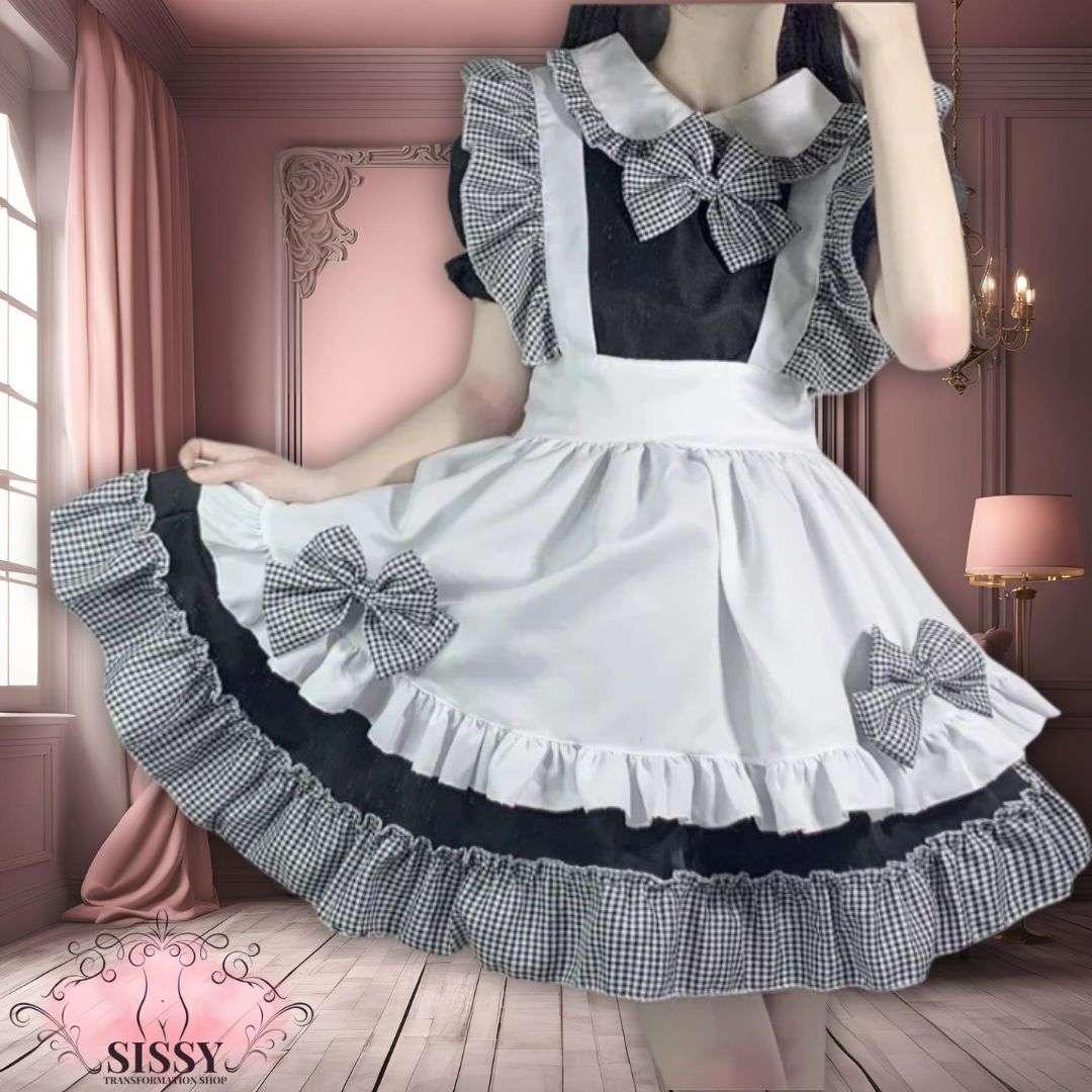 Robe sissy grande taille avec volants et nœuds à carreaux noirs et blancs style rétro romantique