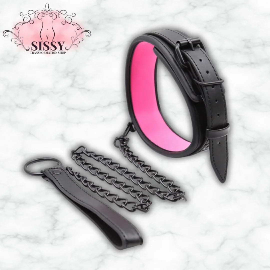 Colliers et laisse de soumission BDSM en cuir noir avec intérieur rose et chaîne métallique noire