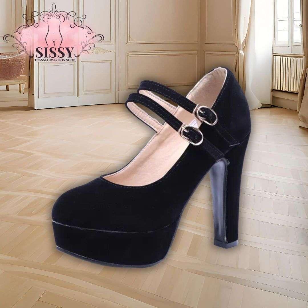 Escarpins sissy grandes tailles noirs à talons hauts avec double bride et design élégant pour toutes occasions