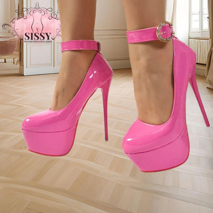 Aphixta Baby Pink 2cm Belt Buckle Pimp Party Disco Dance Pumps Women 5.5cm Platform 16cm High Thin Heels Shoes Super Big Size 50