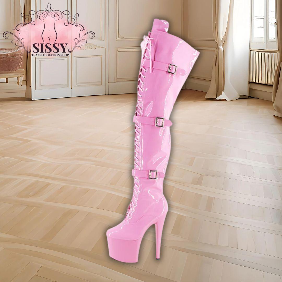 Wonderheel Extreme high heel 20cm heel with platform pink patent buckles lace up over the knee sexy fetish thigh high boots