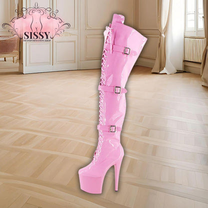 Wonderheel Extreme high heel 20cm heel with platform pink patent buckles lace up over the knee sexy fetish thigh high boots