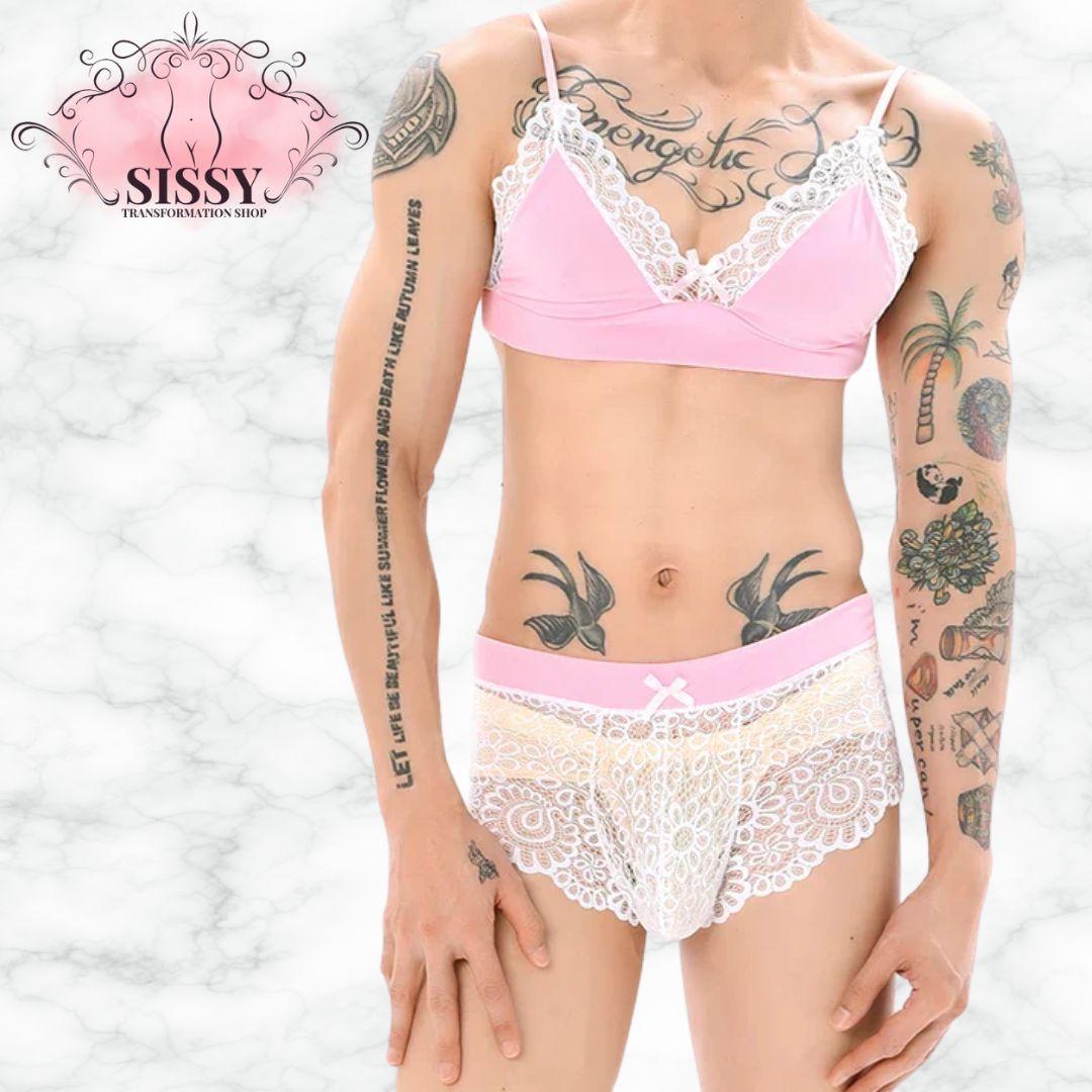 Men's Bra Sexy Underwear Set Men  Safety Belt Body Lace Sheer Panties Sissy Clothing Gay Exposure Bikini Lingerie