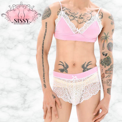 Men's Bra Sexy Underwear Set Men  Safety Belt Body Lace Sheer Panties Sissy Clothing Gay Exposure Bikini Lingerie