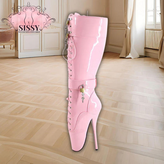 Wonderheel Ultra High Heel 18cm Stiletto Heel Black Lockable Padlocks Knee High Ballet Boots Sexy Fetish Women Fashion Shoes