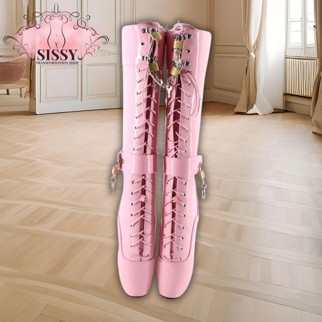 Wonderheel Ultra High Heel 18cm Stiletto Heel Black Lockable Padlocks Knee High Ballet Boots Sexy Fetish Women Fashion Shoes