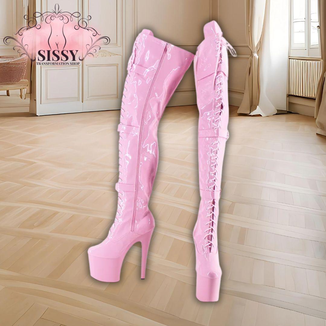 Wonderheel Extreme high heel 20cm heel with platform pink patent buckles lace up over the knee sexy fetish thigh high boots