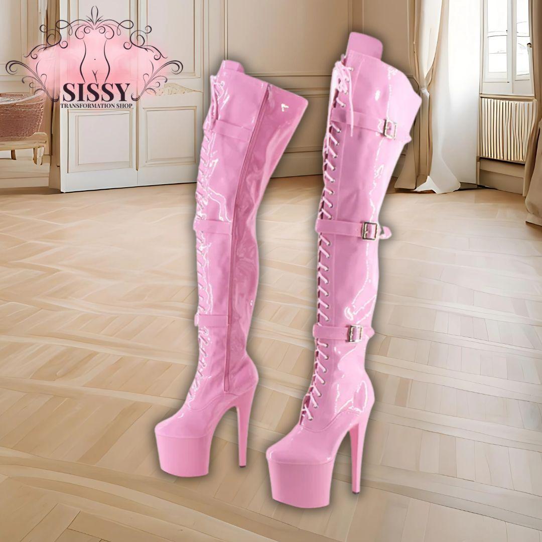 Wonderheel Extreme high heel 20cm heel with platform pink patent buckles lace up over the knee sexy fetish thigh high boots
