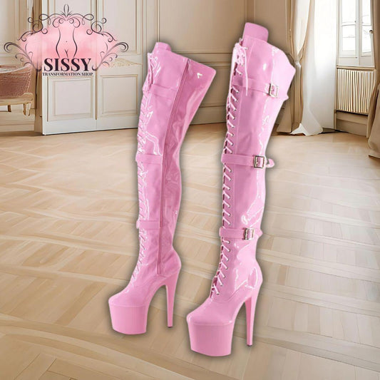 Wonderheel Extreme high heel 20cm heel with platform pink patent buckles lace up over the knee sexy fetish thigh high boots