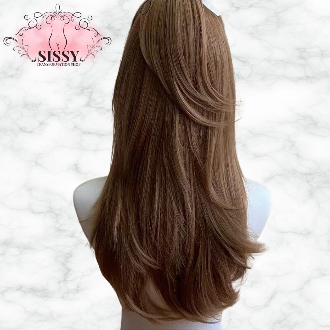 Ashely Light Brown Wig Female Headband Body Honey Brown Rose Hair synth Models in French Bangs High Level Simulation Hair Wig 가발