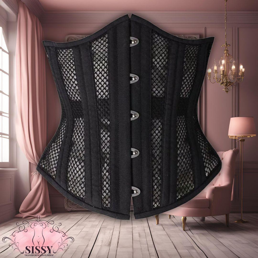 Corset underbust sissy en maille, détail du laçage arrière