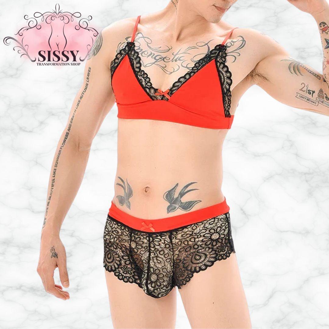 Men's Bra Sexy Underwear Set Men  Safety Belt Body Lace Sheer Panties Sissy Clothing Gay Exposure Bikini Lingerie