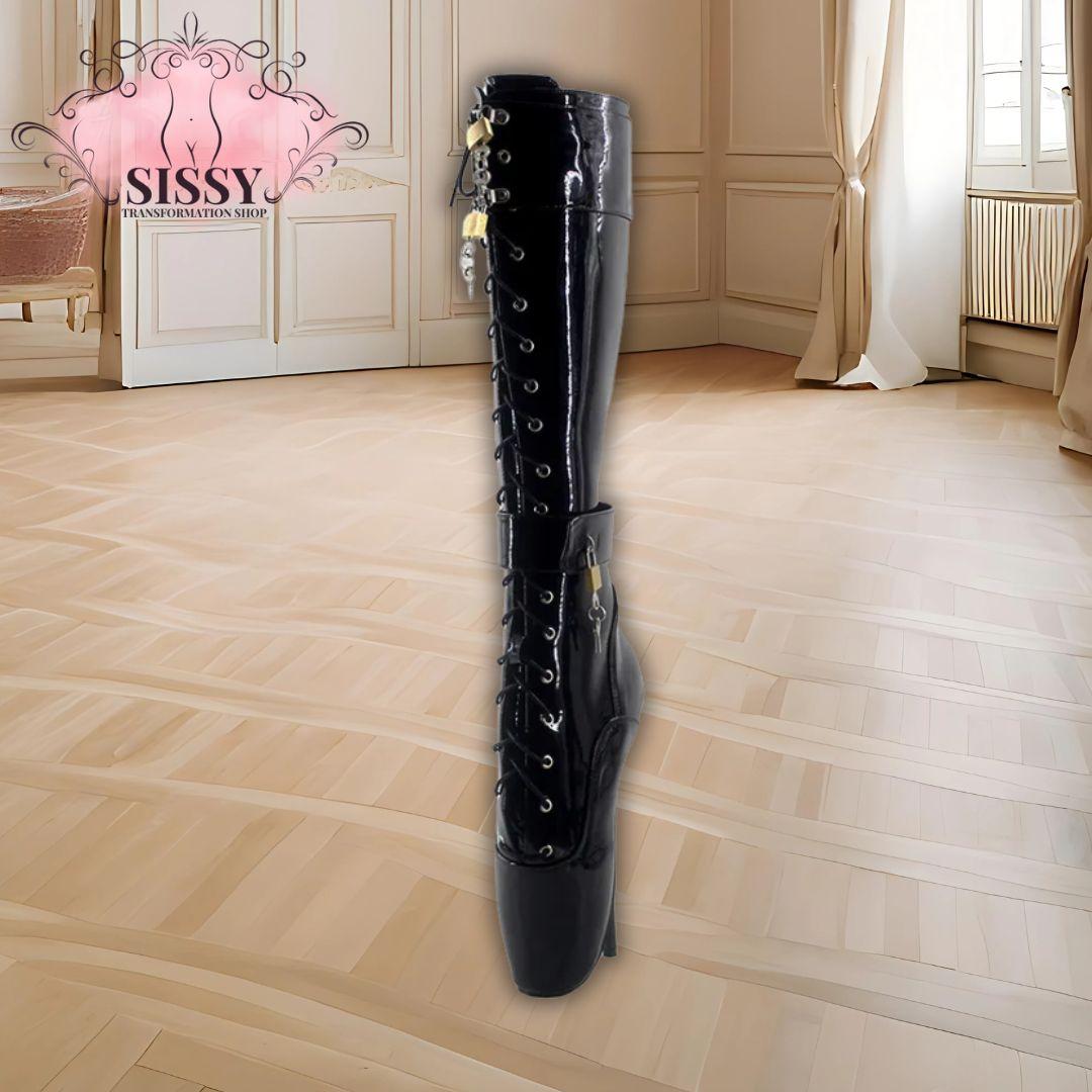 Wonderheel Ultra High Heel 18cm Stiletto Heel Black Lockable Padlocks Knee High Ballet Boots Sexy Fetish Women Fashion Shoes