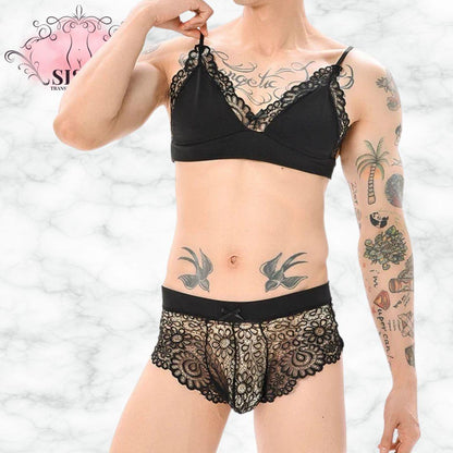 Men's Bra Sexy Underwear Set Men  Safety Belt Body Lace Sheer Panties Sissy Clothing Gay Exposure Bikini Lingerie