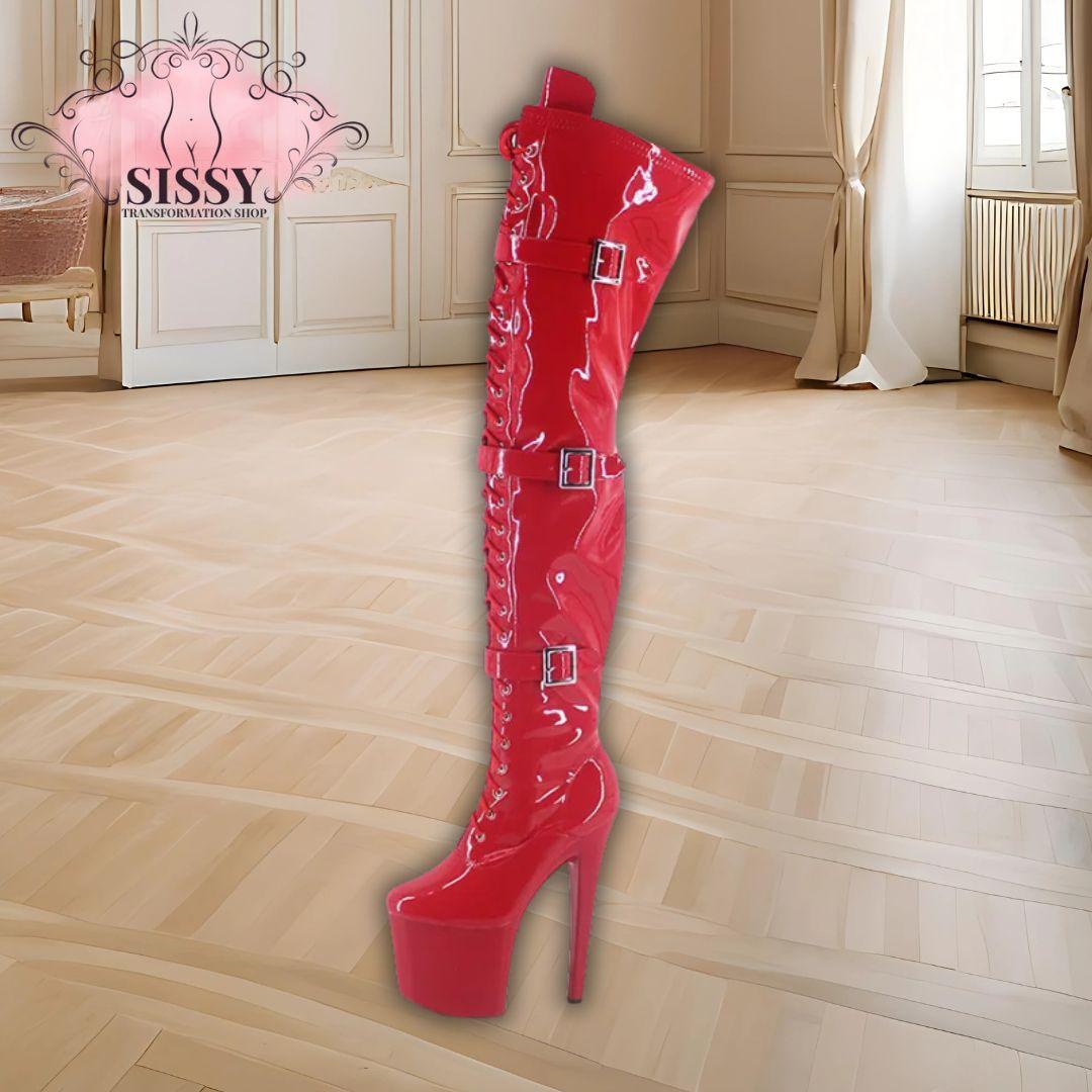 Wonderheel Extreme high heel 20cm heel with platform pink patent buckles lace up over the knee sexy fetish thigh high boots