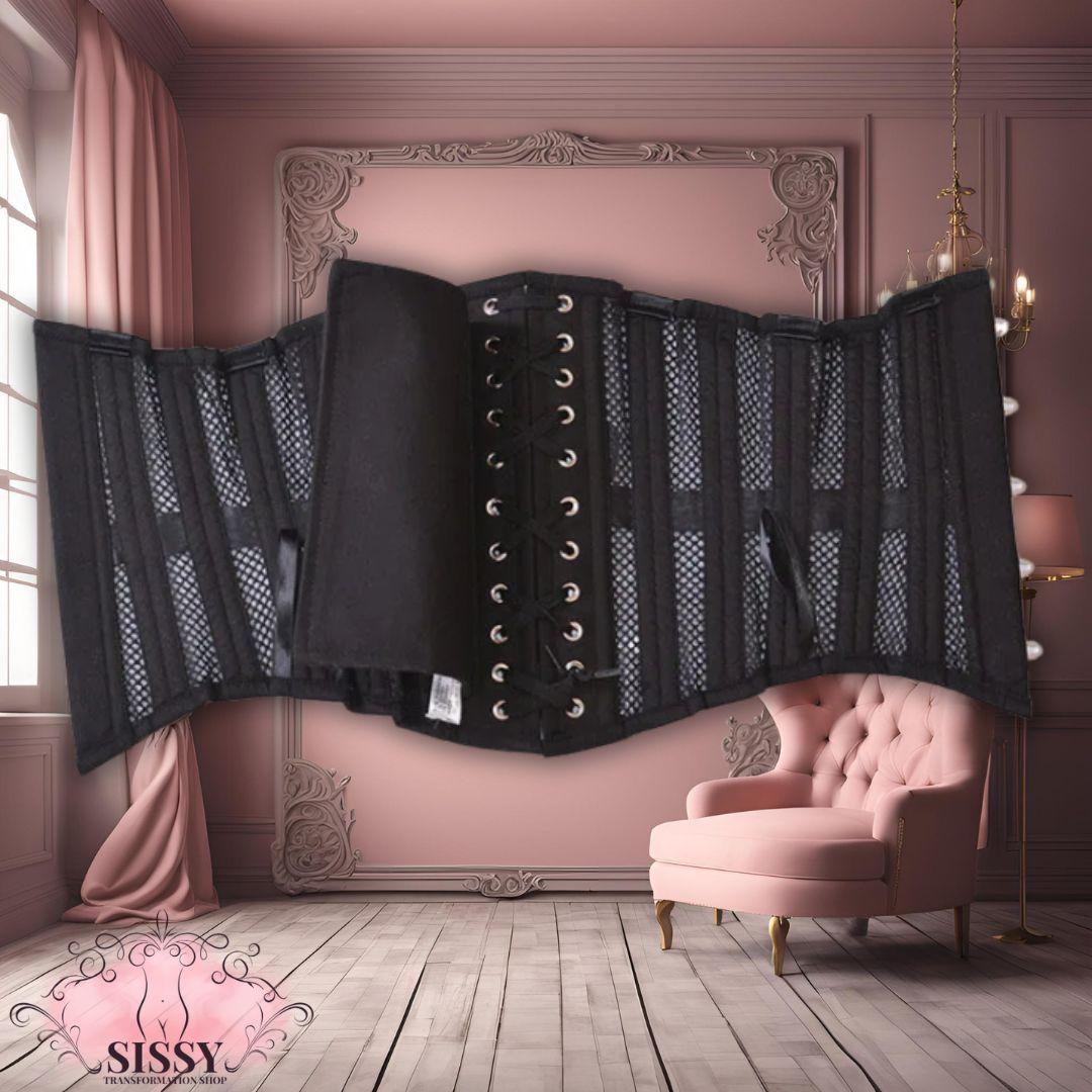 Corset underbust sissy en maille, vue de profil