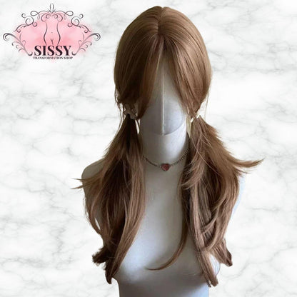 Ashely Light Brown Wig Female Headband Body Honey Brown Rose Hair synth Models in French Bangs High Level Simulation Hair Wig 가발