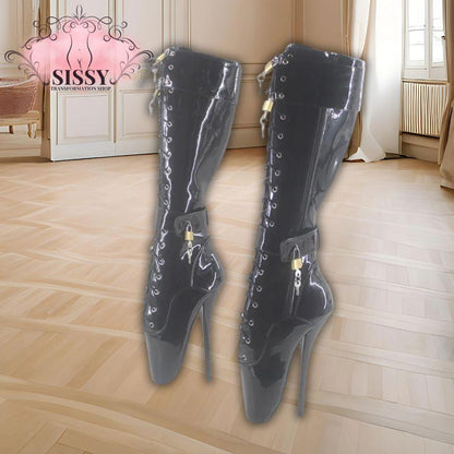 Wonderheel Ultra High Heel 18cm Stiletto Heel Black Lockable Padlocks Knee High Ballet Boots Sexy Fetish Women Fashion Shoes