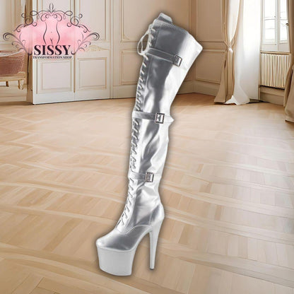 Wonderheel Extreme high heel 20cm heel with platform pink patent buckles lace up over the knee sexy fetish thigh high boots