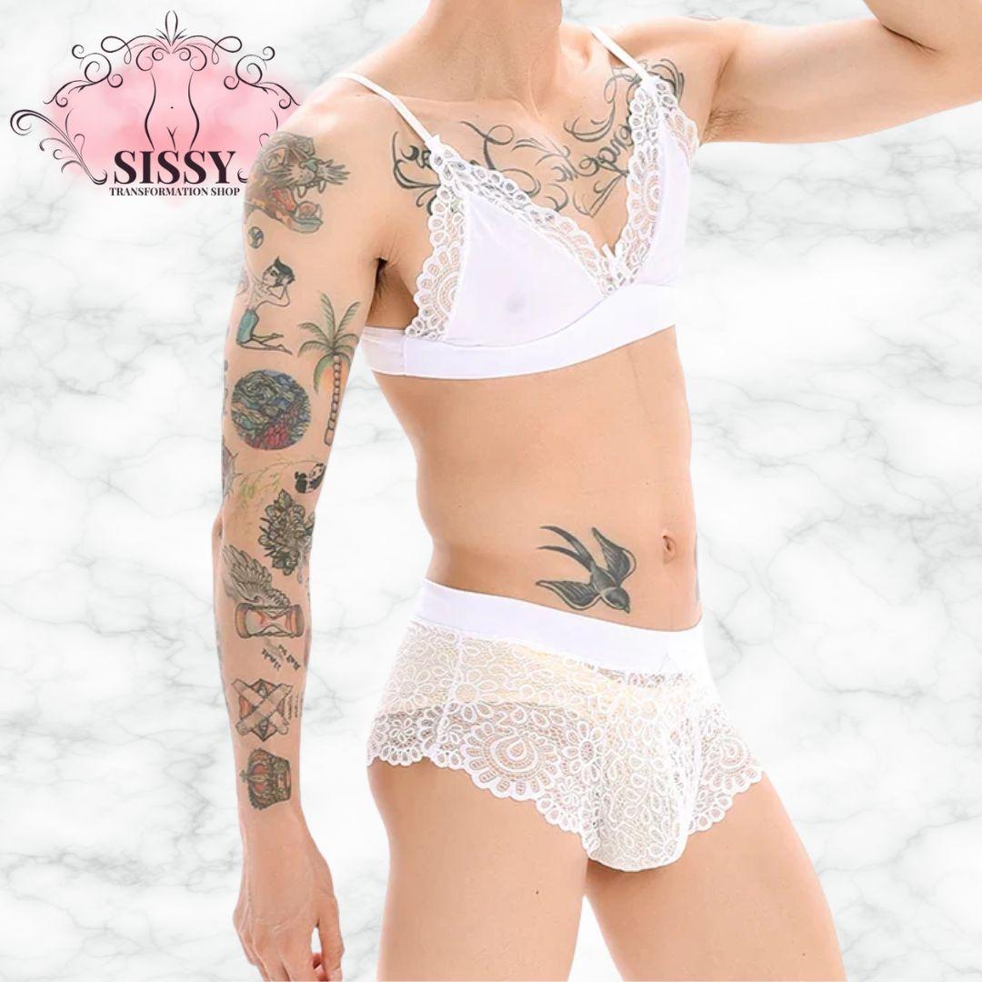 Men's Bra Sexy Underwear Set Men  Safety Belt Body Lace Sheer Panties Sissy Clothing Gay Exposure Bikini Lingerie