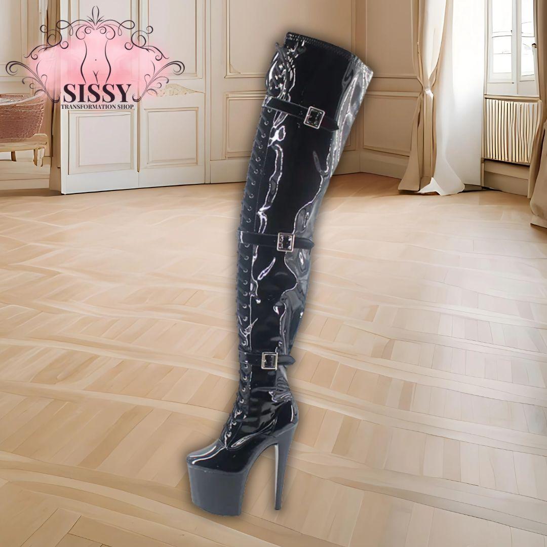 Wonderheel Extreme high heel 20cm heel with platform pink patent buckles lace up over the knee sexy fetish thigh high boots