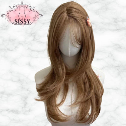 Ashely Light Brown Wig Female Headband Body Honey Brown Rose Hair synth Models in French Bangs High Level Simulation Hair Wig 가발