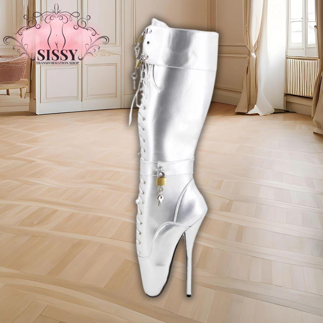 Wonderheel Ultra High Heel 18cm Stiletto Heel Black Lockable Padlocks Knee High Ballet Boots Sexy Fetish Women Fashion Shoes