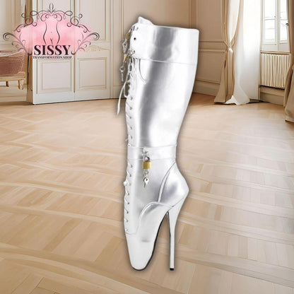 Wonderheel Ultra High Heel 18cm Stiletto Heel Black Lockable Padlocks Knee High Ballet Boots Sexy Fetish Women Fashion Shoes