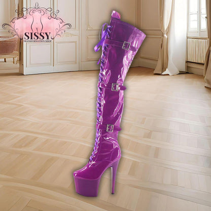 Wonderheel Extreme high heel 20cm heel with platform pink patent buckles lace up over the knee sexy fetish thigh high boots