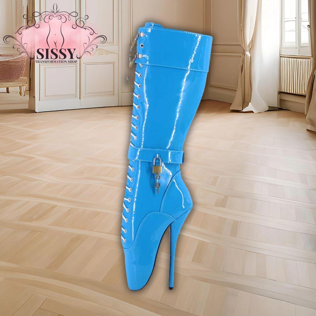 Wonderheel Ultra High Heel 18cm Stiletto Heel Black Lockable Padlocks Knee High Ballet Boots Sexy Fetish Women Fashion Shoes