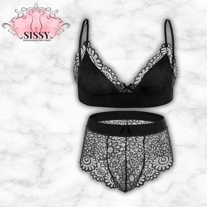 Men's Bra Sexy Underwear Set Men  Safety Belt Body Lace Sheer Panties Sissy Clothing Gay Exposure Bikini Lingerie