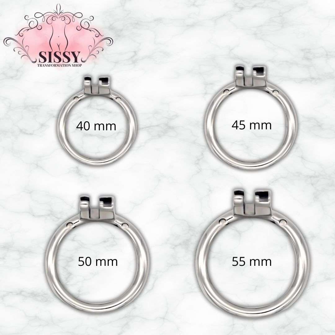 Cage de chasteté Sissy en acier disponible en quatre tailles 40 mm, 45 mm, 50 mm et 55 mm