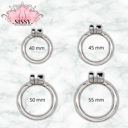 Cage de chasteté Sissy en acier disponible en quatre tailles 40 mm, 45 mm, 50 mm et 55 mm