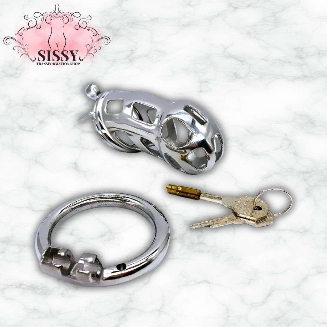 Cage de chasteté Sissy en acier avec anneau et clés pour usage sécurisé