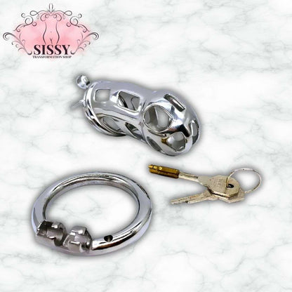 Cage de chasteté Sissy en acier avec anneau et clés pour usage sécurisé